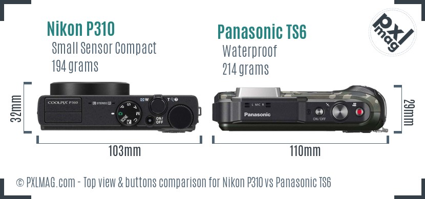 Nikon P310 vs Panasonic TS6 top view buttons comparison