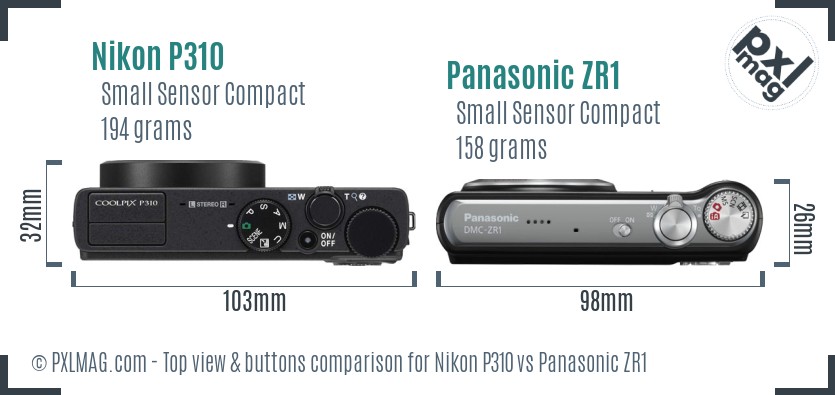 Nikon P310 vs Panasonic ZR1 top view buttons comparison