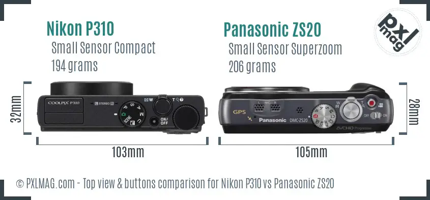 Nikon P310 vs Panasonic ZS20 top view buttons comparison