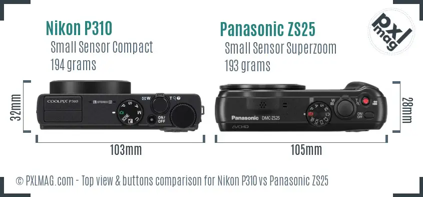 Nikon P310 vs Panasonic ZS25 top view buttons comparison Nikon P310 vs Panasonic ZS25 top view buttons comparison