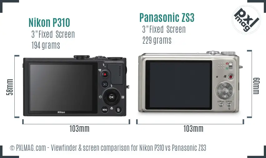 Nikon P310 vs Panasonic ZS3 Screen and Viewfinder comparison