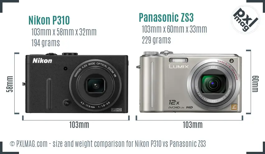 Nikon P310 vs Panasonic ZS3 size comparison