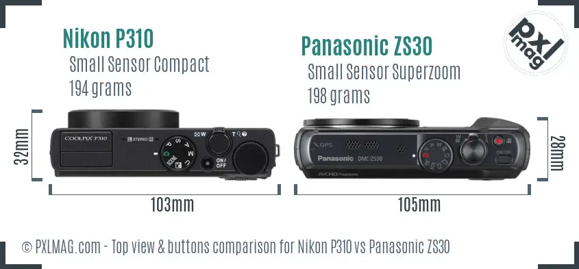 Nikon P310 vs Panasonic ZS30 top view buttons comparison