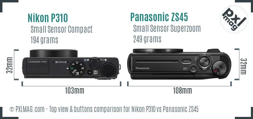 Nikon P310 vs Panasonic ZS45 top view buttons comparison