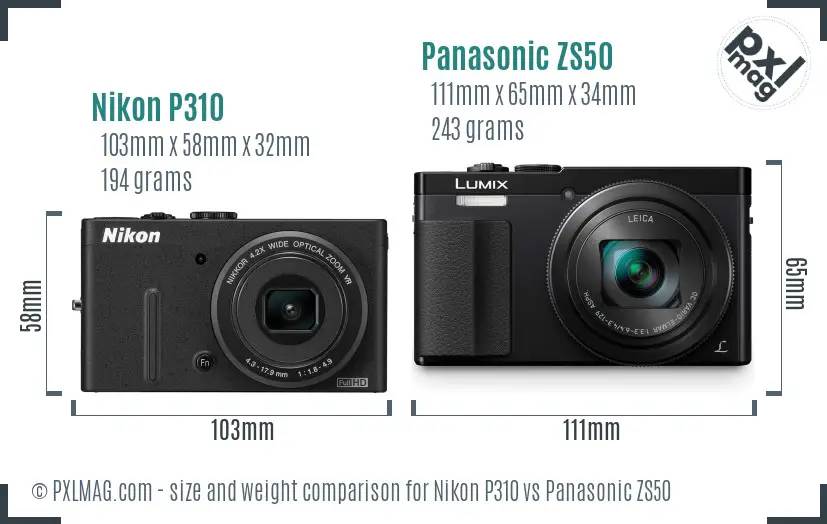 Nikon P310 vs Panasonic ZS50 size comparison