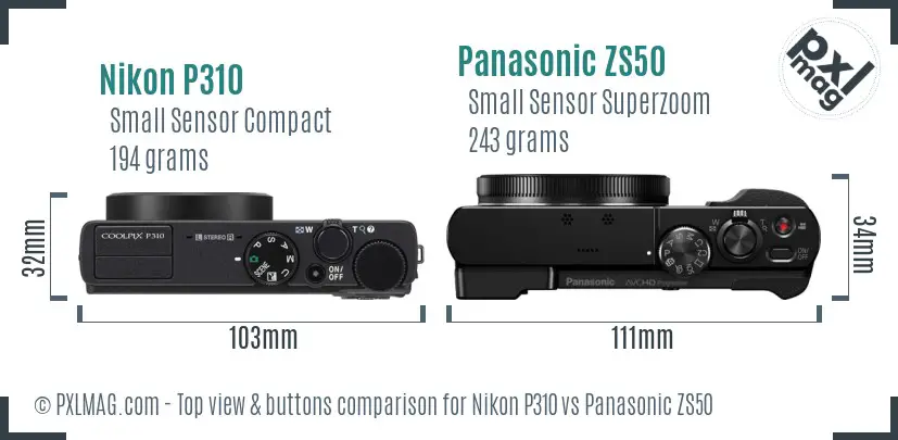 Nikon P310 vs Panasonic ZS50 top view buttons comparison