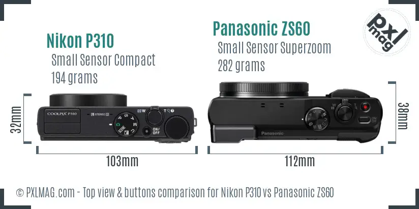 Nikon P310 vs Panasonic ZS60 top view buttons comparison Nikon P310 vs Panasonic ZS60 top view buttons comparison