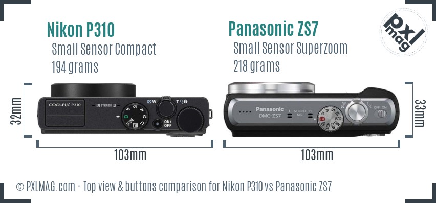 Nikon P310 vs Panasonic ZS7 top view buttons comparison