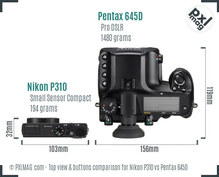 Nikon P310 vs Pentax 645D top view buttons comparison