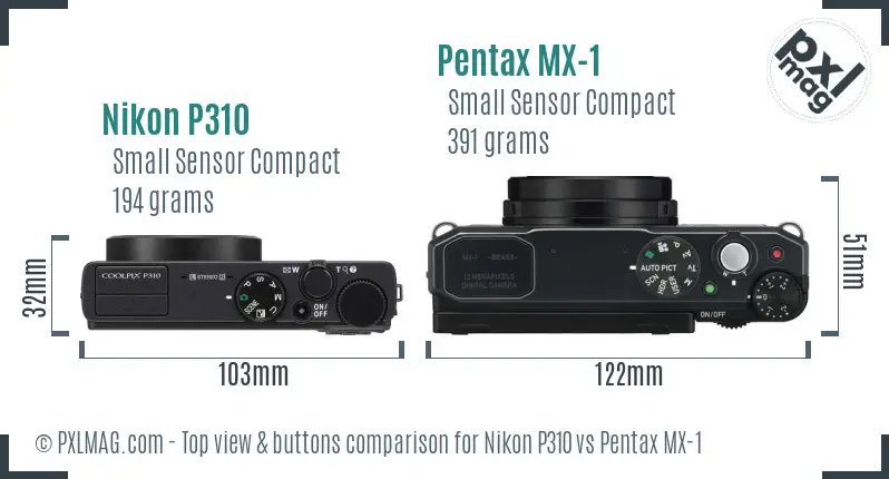 Nikon P310 vs Pentax MX-1 top view buttons comparison