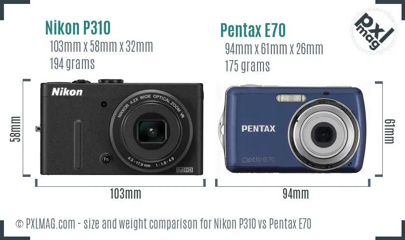 Nikon P310 vs Pentax E70 size comparison