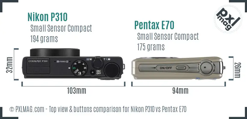 Nikon P310 vs Pentax E70 top view buttons comparison