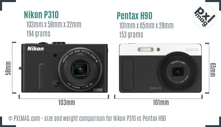 Nikon P310 vs Pentax H90 size comparison