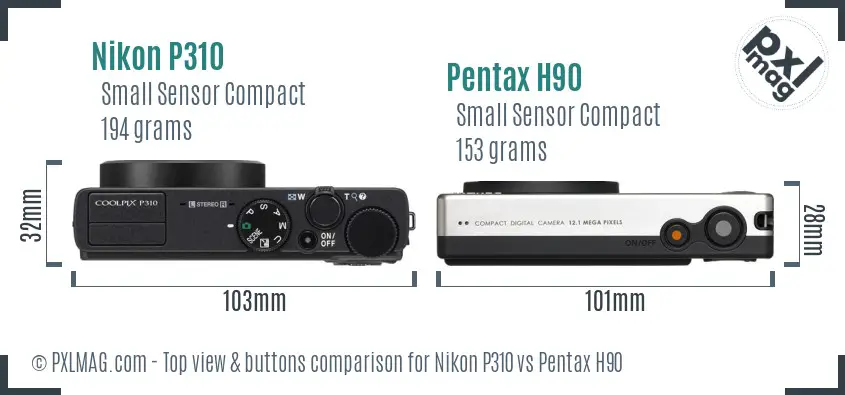 Nikon P310 vs Pentax H90 top view buttons comparison