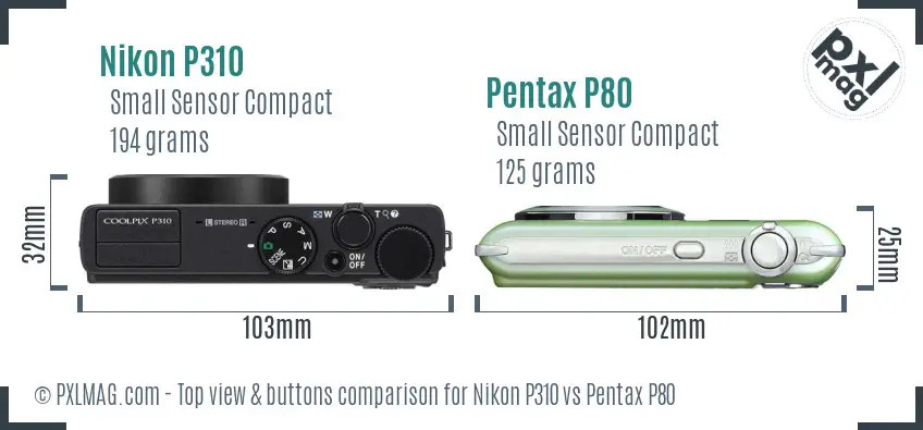 Nikon P310 vs Pentax P80 top view buttons comparison