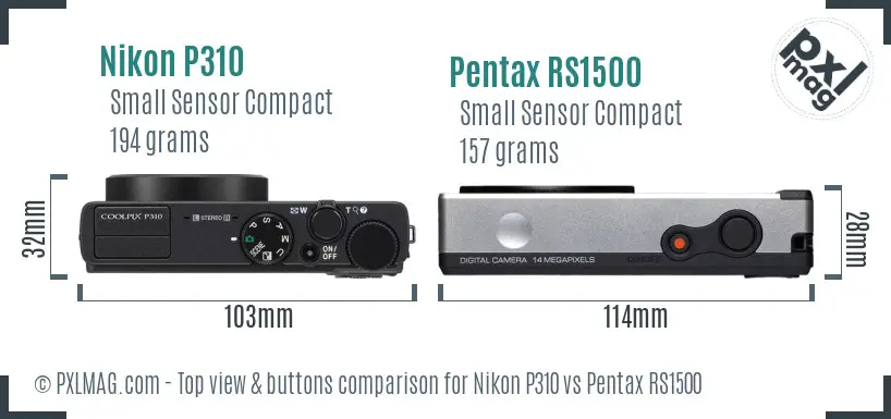 Nikon P310 vs Pentax RS1500 top view buttons comparison Nikon P310 vs Pentax RS1500 top view buttons comparison