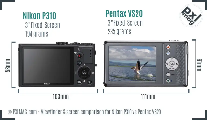 Nikon P310 vs Pentax VS20 Screen and Viewfinder comparison
