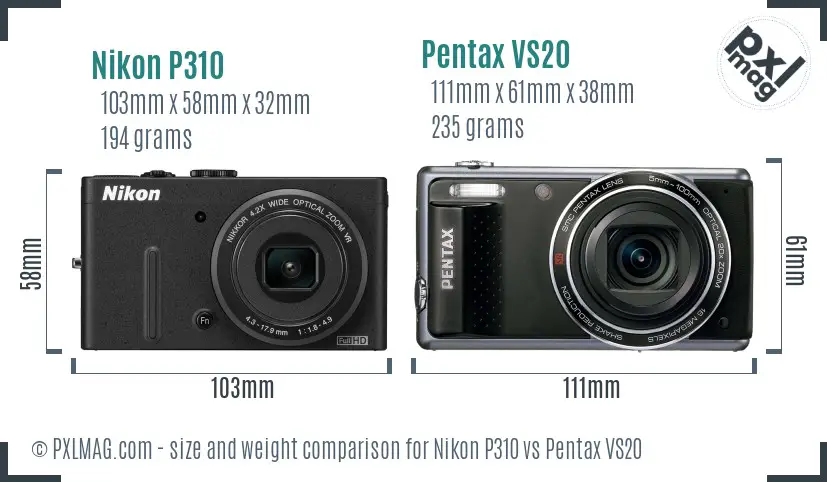 Nikon P310 vs Pentax VS20 size comparison