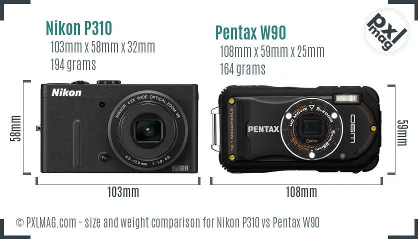 Nikon P310 vs Pentax W90 size comparison