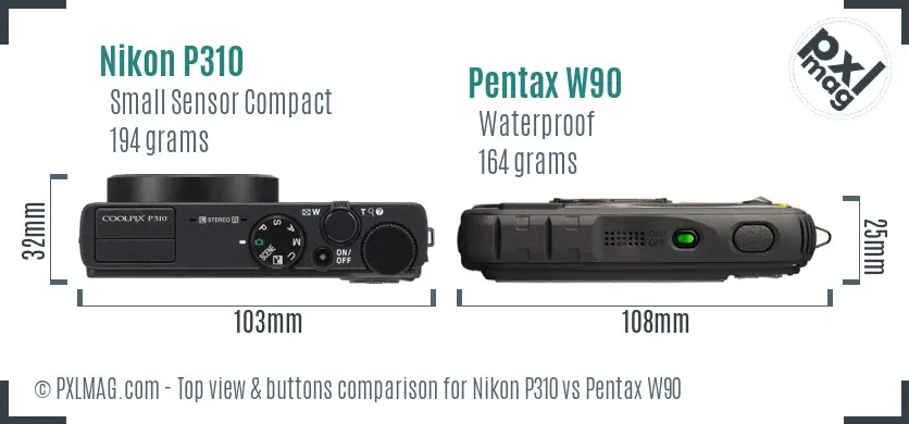 Nikon P310 vs Pentax W90 top view buttons comparison