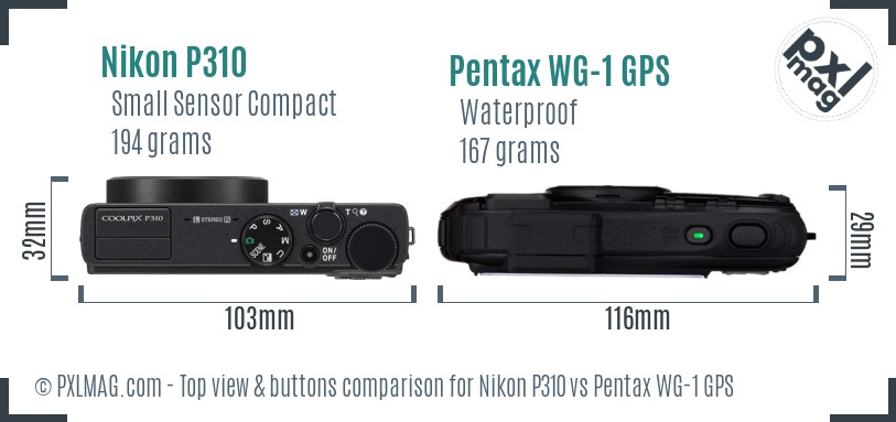 Nikon P310 vs Pentax WG-1 GPS top view buttons comparison