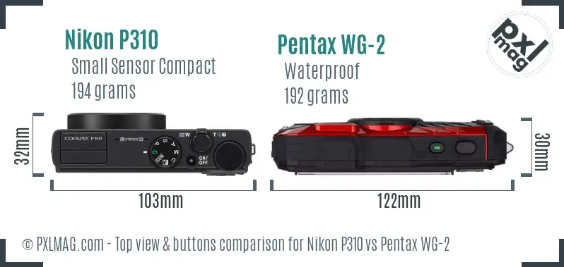 Nikon P310 vs Pentax WG-2 top view buttons comparison Nikon P310 vs Pentax WG-2 top view buttons comparison