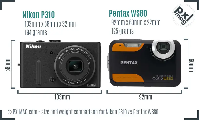 Nikon P310 vs Pentax WS80 size comparison