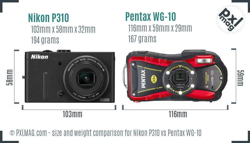 Nikon P310 vs Pentax WG-10 size comparison Nikon P310 vs Pentax WG-10 size comparison