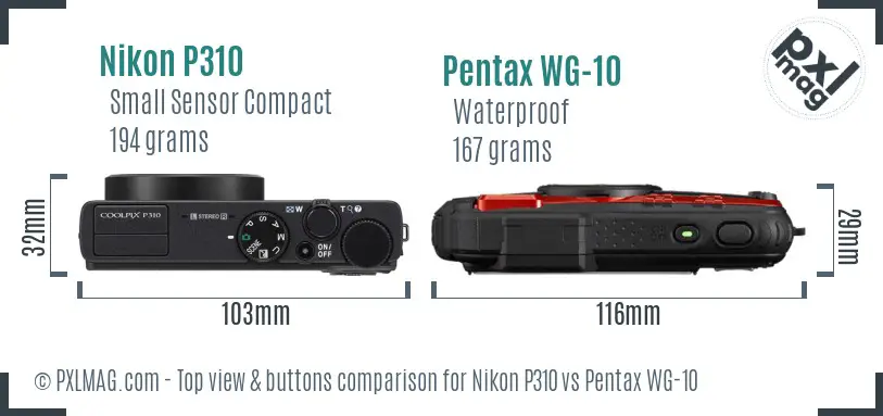 Nikon P310 vs Pentax WG-10 top view buttons comparison Nikon P310 vs Pentax WG-10 top view buttons comparison