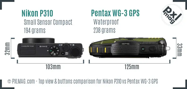 Nikon P310 vs Pentax WG-3 GPS top view buttons comparison