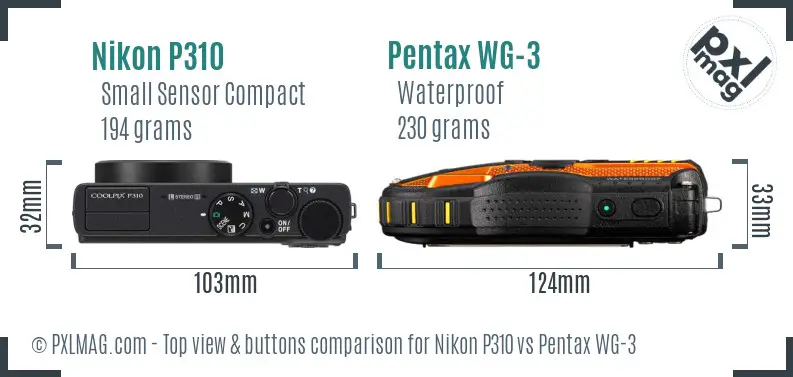 Nikon P310 vs Pentax WG-3 top view buttons comparison Nikon P310 vs Pentax WG-3 top view buttons comparison