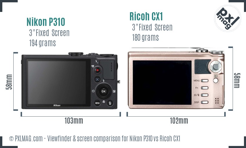 Nikon P310 vs Ricoh CX1 Screen and Viewfinder comparison
