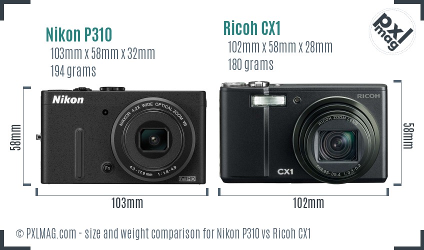 Nikon P310 vs Ricoh CX1 size comparison