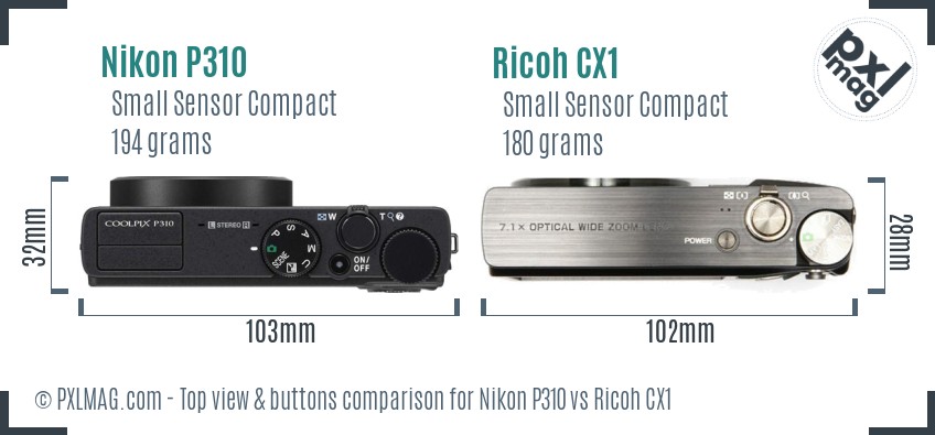 Nikon P310 vs Ricoh CX1 top view buttons comparison