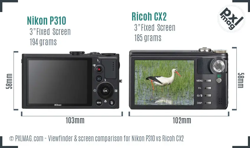 Nikon P310 vs Ricoh CX2 Screen and Viewfinder comparison