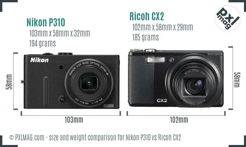 Nikon P310 vs Ricoh CX2 size comparison
