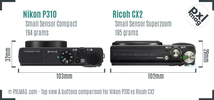 Nikon P310 vs Ricoh CX2 top view buttons comparison