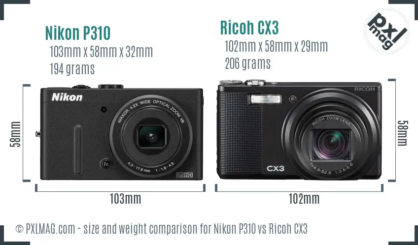 Nikon P310 vs Ricoh CX3 size comparison