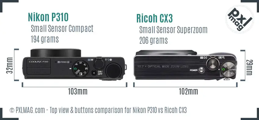 Nikon P310 vs Ricoh CX3 top view buttons comparison