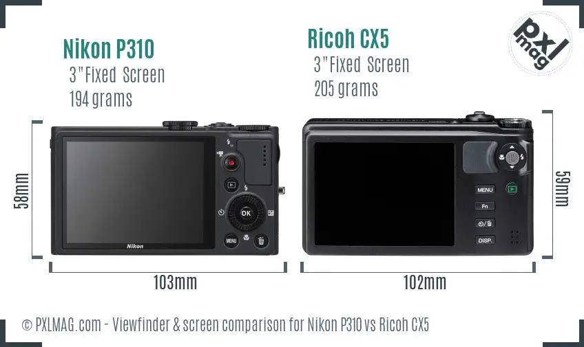 Nikon P310 vs Ricoh CX5 Screen and Viewfinder comparison
