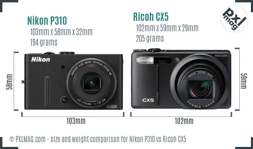 Nikon P310 vs Ricoh CX5 size comparison