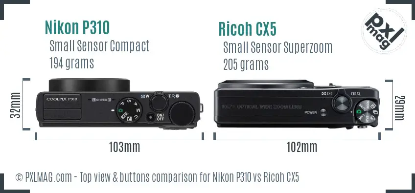 Nikon P310 vs Ricoh CX5 top view buttons comparison