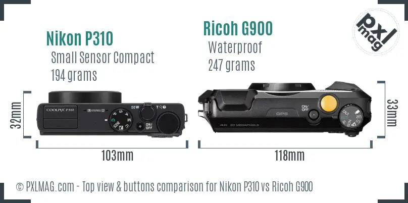 Nikon P310 vs Ricoh G900 top view buttons comparison