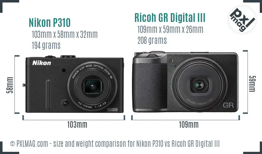 Nikon P310 vs Ricoh GR Digital III size comparison Nikon P310 vs Ricoh GR Digital III size comparison