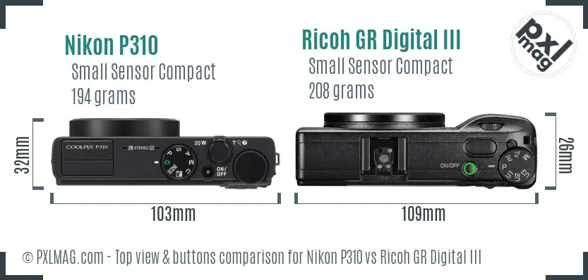 Nikon P310 vs Ricoh GR Digital III top view buttons comparison Nikon P310 vs Ricoh GR Digital III top view buttons comparison