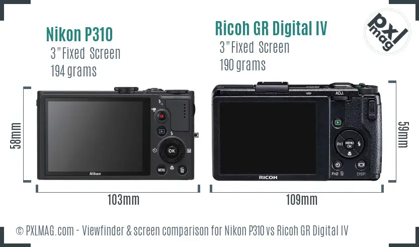 Nikon P310 vs Ricoh GR Digital IV Screen and Viewfinder comparison