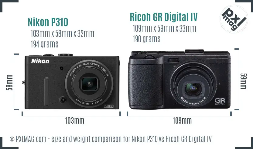 Nikon P310 vs Ricoh GR Digital IV size comparison