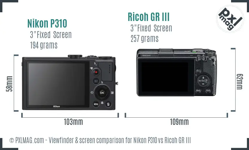 Nikon P310 vs Ricoh GR III Screen and Viewfinder comparison