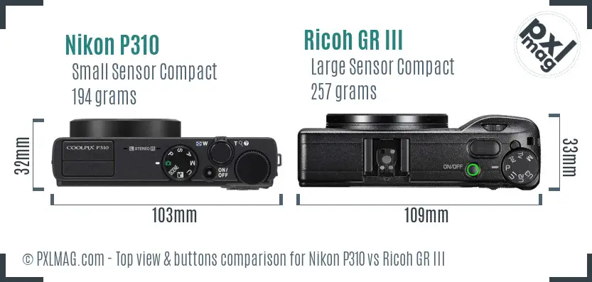 Nikon P310 vs Ricoh GR III top view buttons comparison