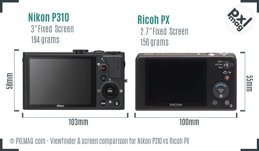 Nikon P310 vs Ricoh PX Screen and Viewfinder comparison